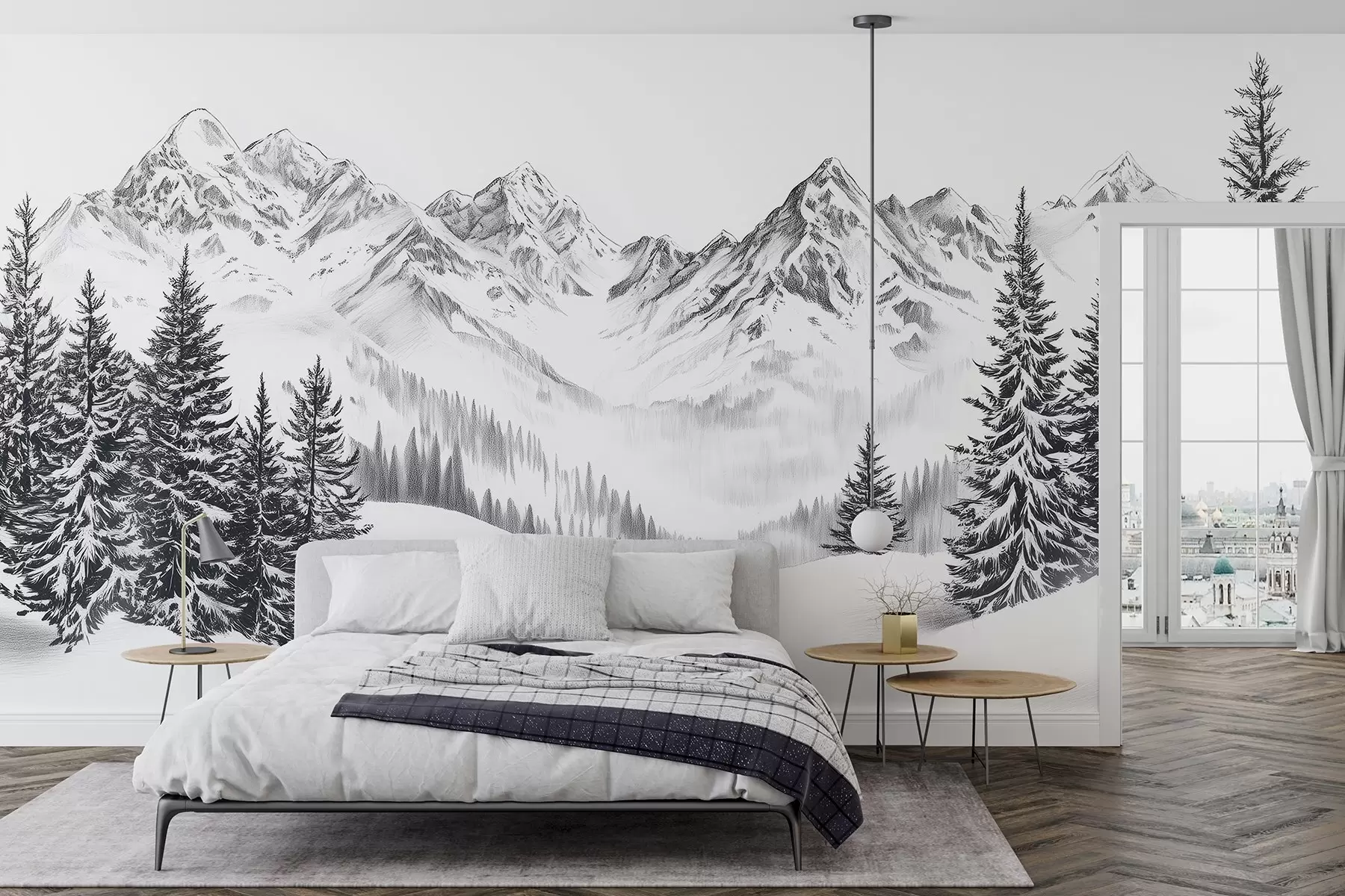 fototapeter Alpine fjell i snø, blyantstil, minimalisme w02352