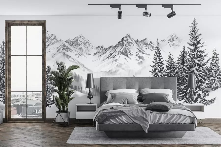 fototapeter Alpine fjell i snø, blyantstil, minimalisme w02352