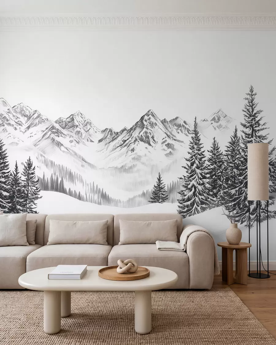 fototapeter Alpine fjell i snø, blyantstil, minimalisme w02352