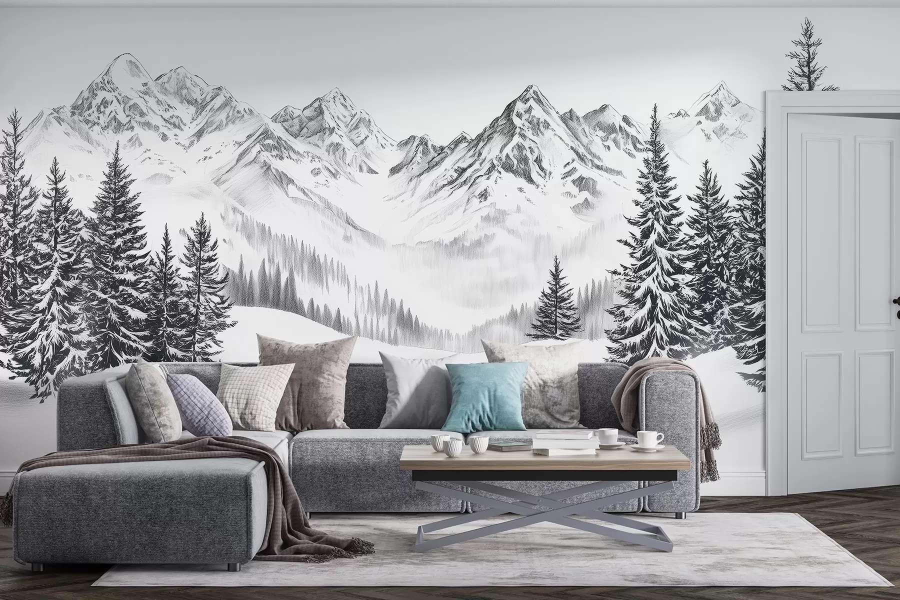 fototapeter Alpine fjell i snø, blyantstil, minimalisme w02352