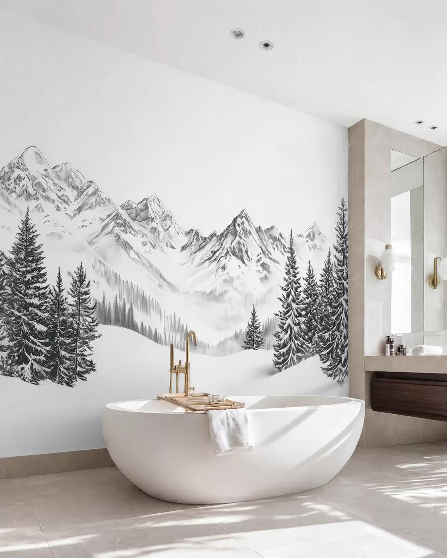 fototapeter Alpine fjell i snø, blyantstil, minimalisme w02352