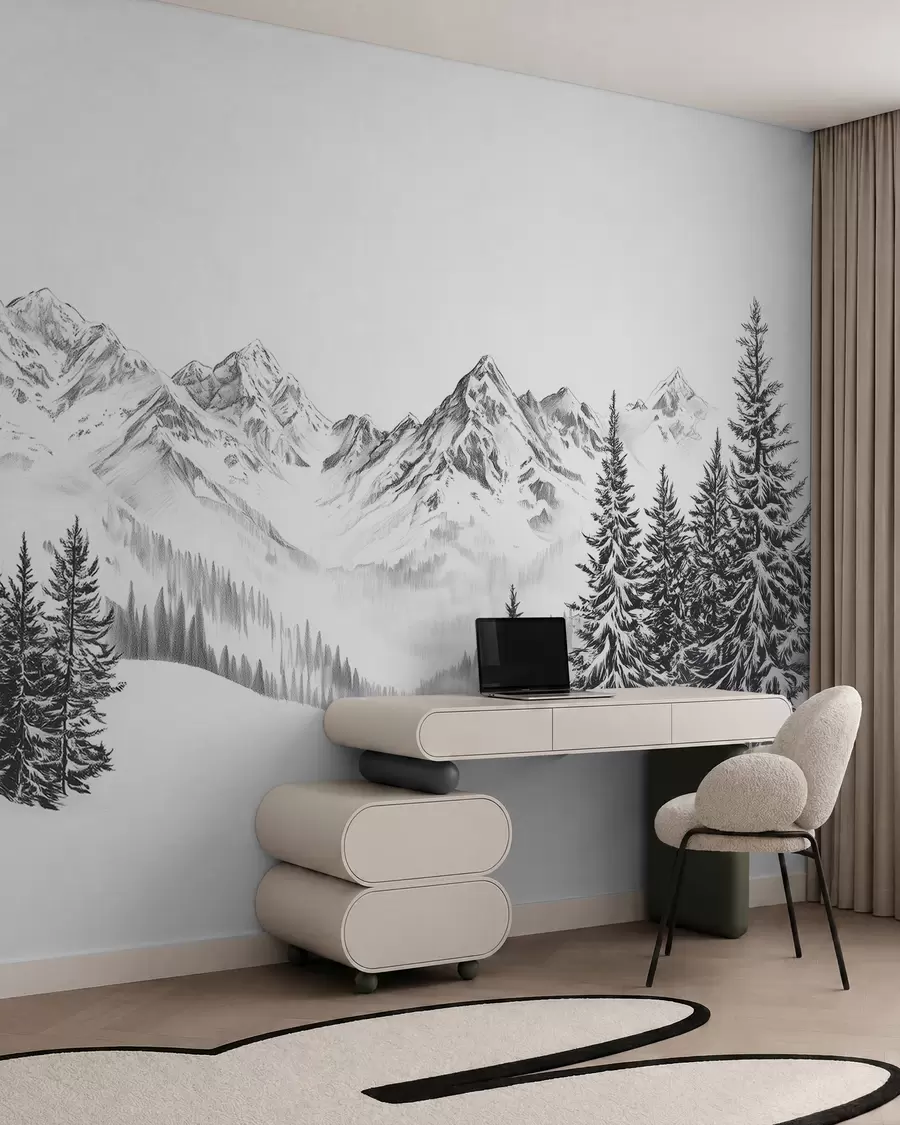 fototapeter Alpine fjell i snø, blyantstil, minimalisme w02352