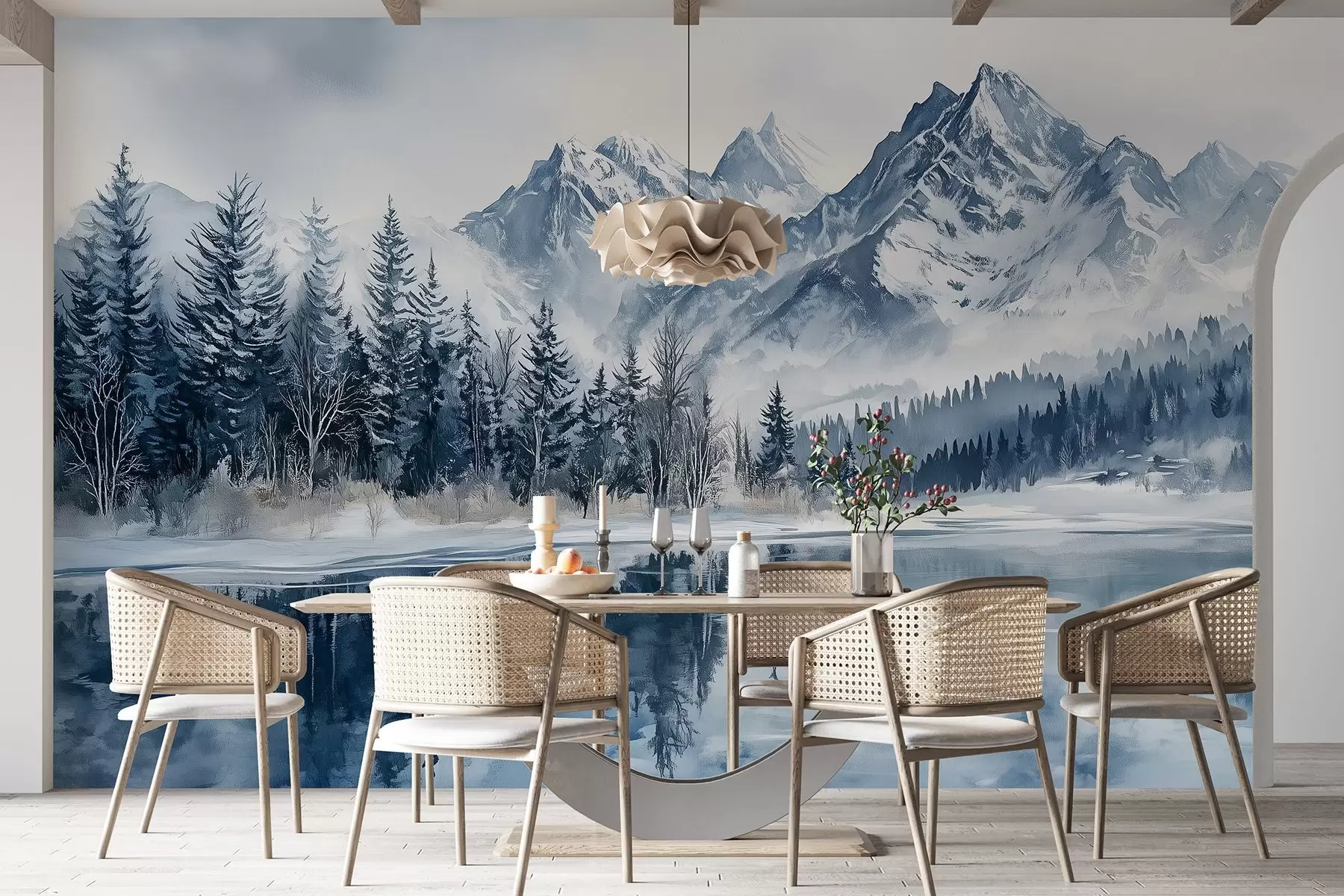 fototapeter Alpene i snø, vinterskog, frossen innsjø, blå fargepalett  w02358