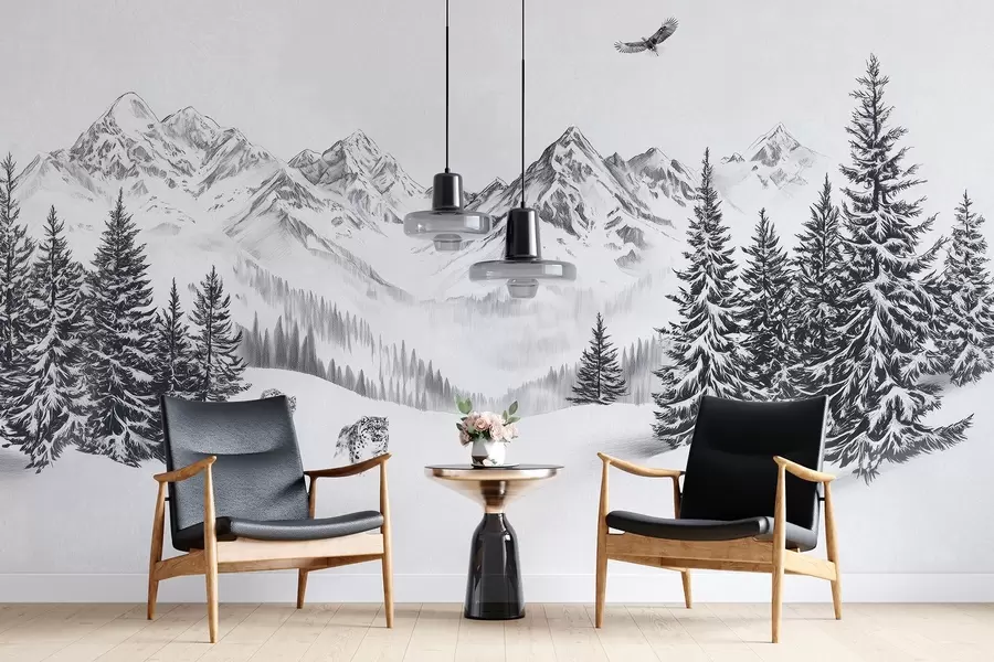 fototapeter Vinterfjell, snøleoparder, furuskog, blyanttegning, flygende ørn w02360