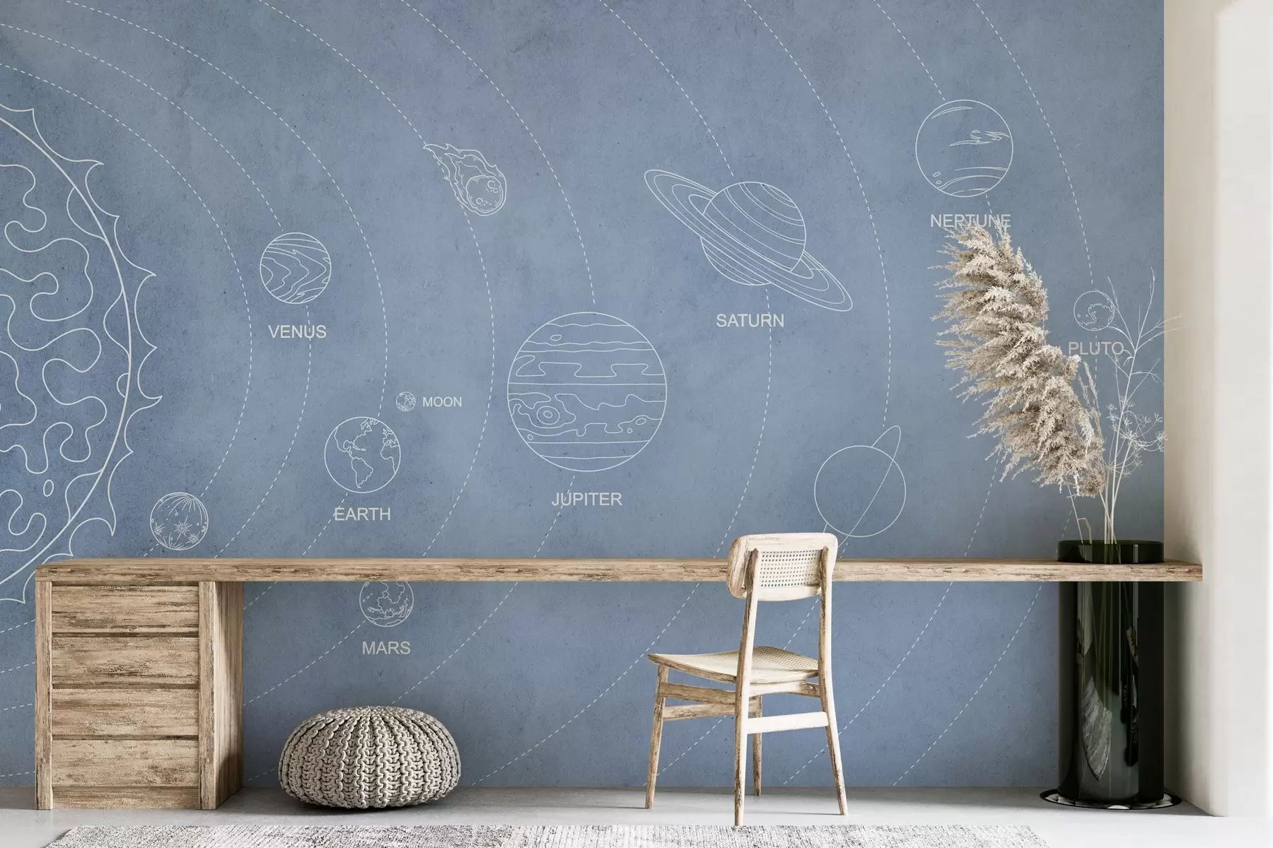 fototapeter Solsystemet i minimalistisk stil på en blå teksturert bakgrunn w02344v1