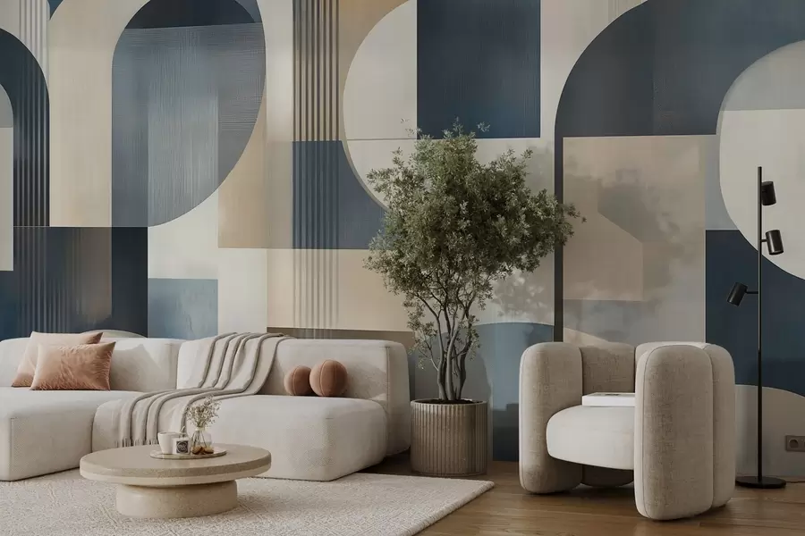 fototapeter Art deco-tapet med geometrisk mønster i blått, beige og melkeaktige nyanser w02346