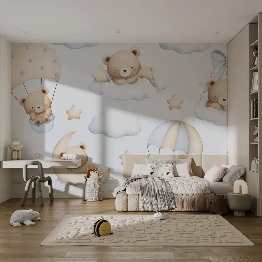 fototapeter Bjørner i fallskjerm og skyer på blå bakgrunn w02385