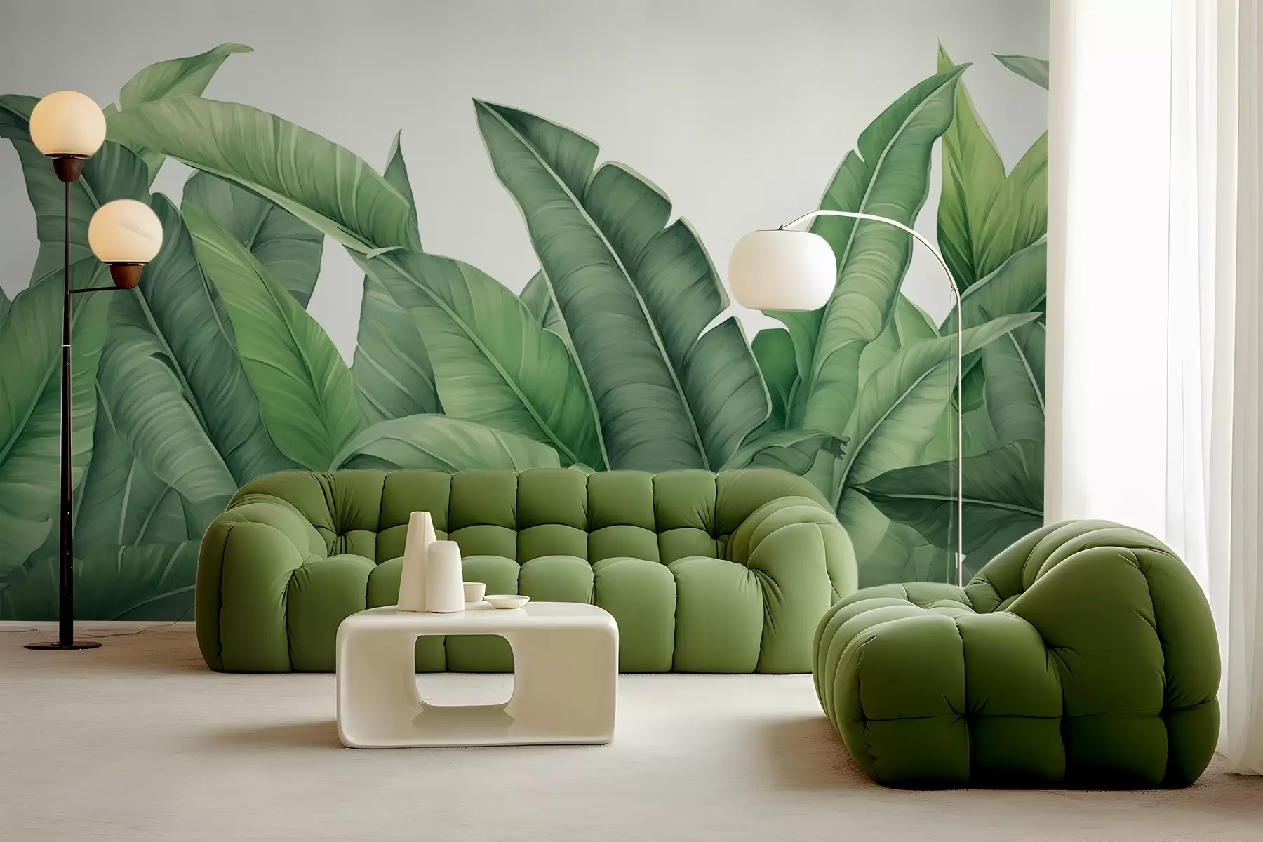 fototapeter Tykke bananblader på en lys bakgrunn w02302