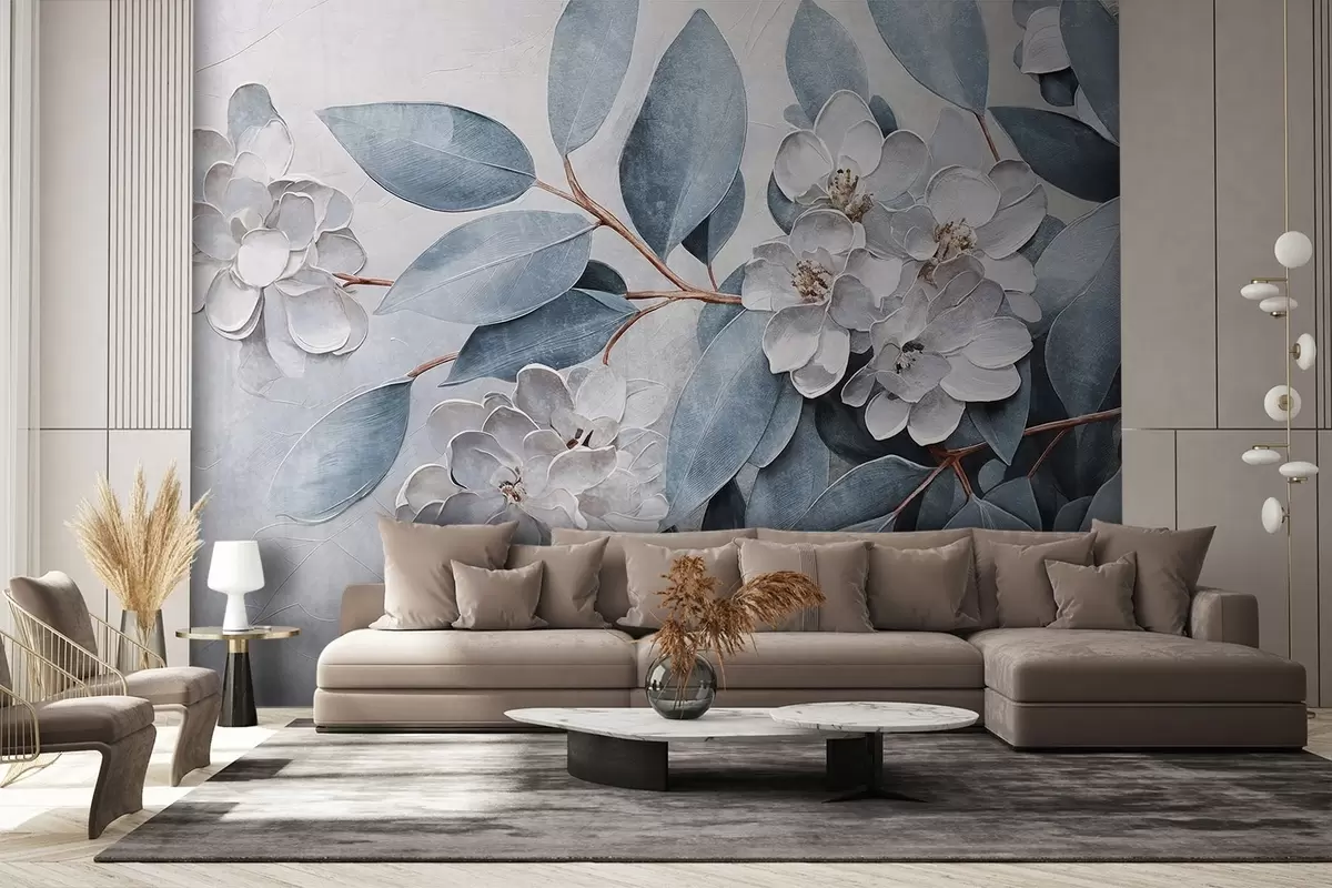 fototapeter Delikate hvite blomster med grågrønne blader mot en myk, dempet bakgrunn i oljemaleristil  w08437