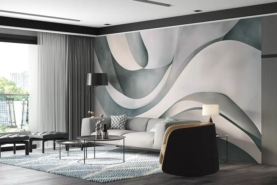 fototapeter Hvite, blå og grå buede former og former som skaper abstrakte, teksturelle, moderne og minimalistiske trykk  w08439v1
