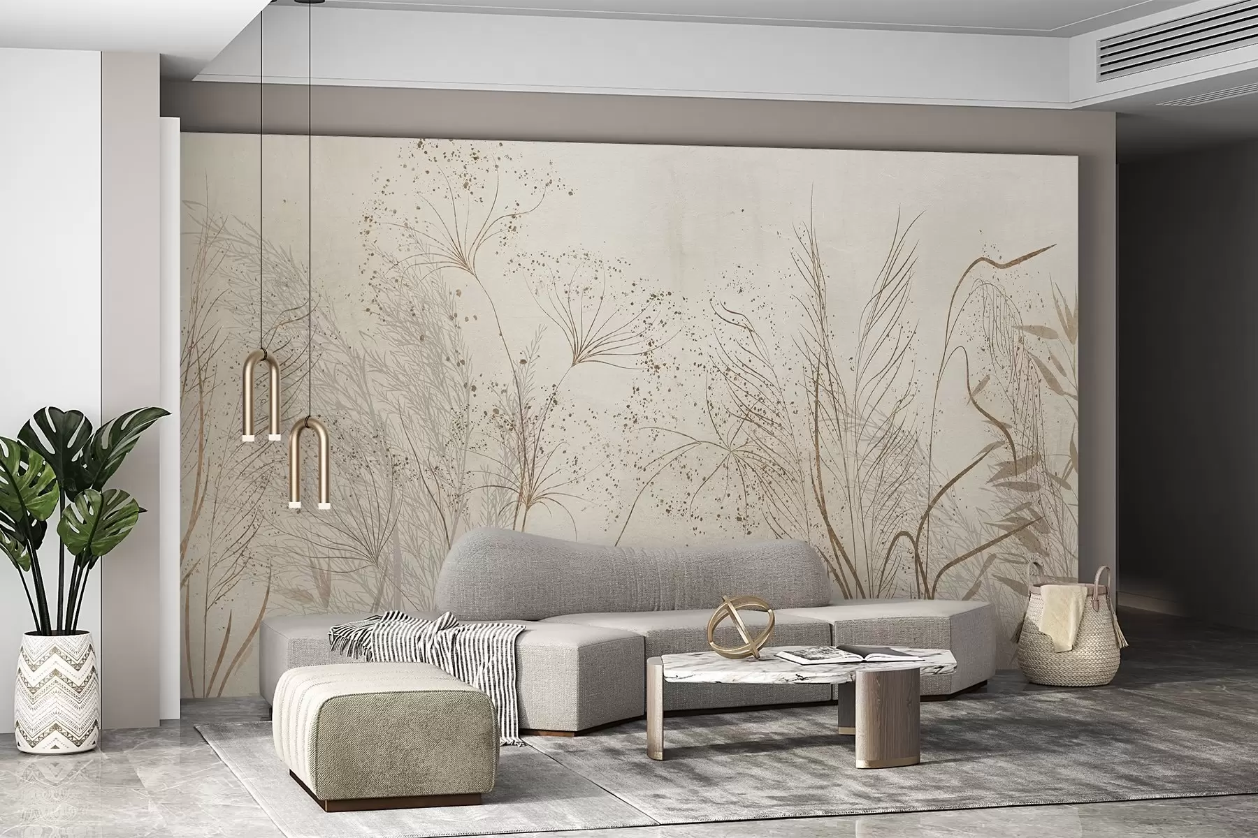 fototapeter En monokrom illustrasjon av forskjellige beige planter og pigger med delikate, spinkle linjer og teksturer  w08441
