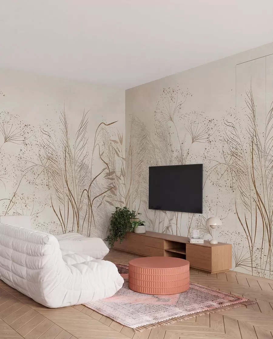 fototapeter En monokrom illustrasjon av forskjellige beige planter og pigger med delikate, spinkle linjer og teksturer  w08441