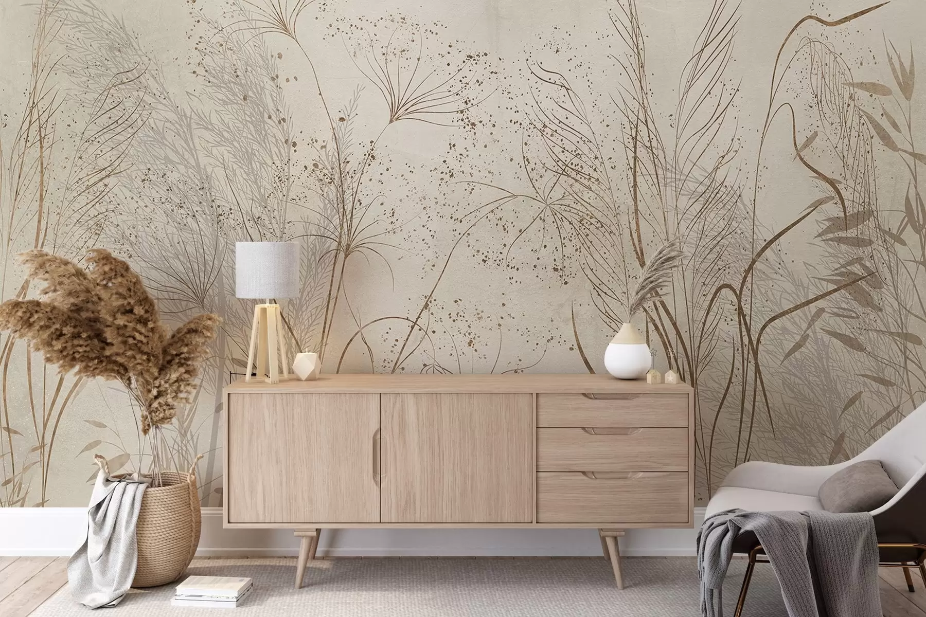 fototapeter En monokrom illustrasjon av forskjellige beige planter og pigger med delikate, spinkle linjer og teksturer  w08441