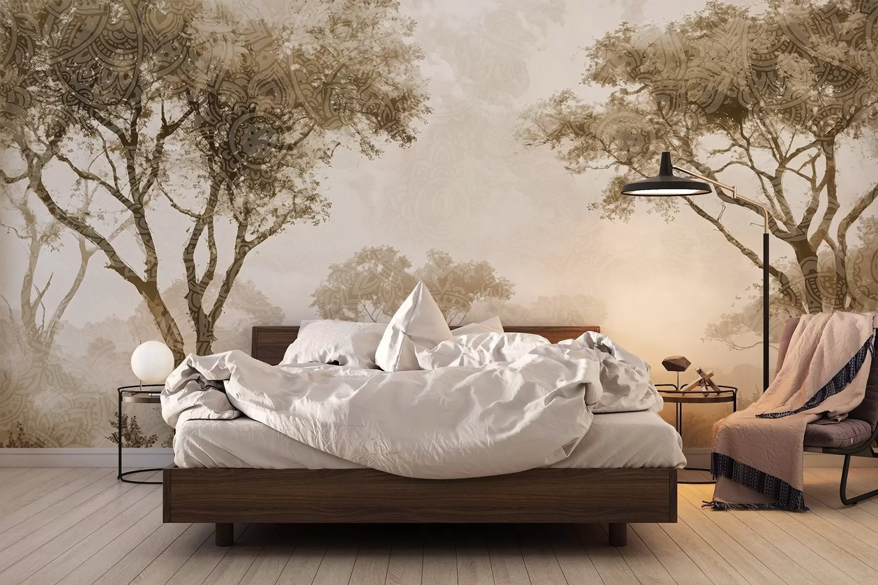 fototapeter Et tåkete, fredfylt landskap med silhuettformede trær i forgrunnen og myk tåke i brune og beige nyanser w08442v2