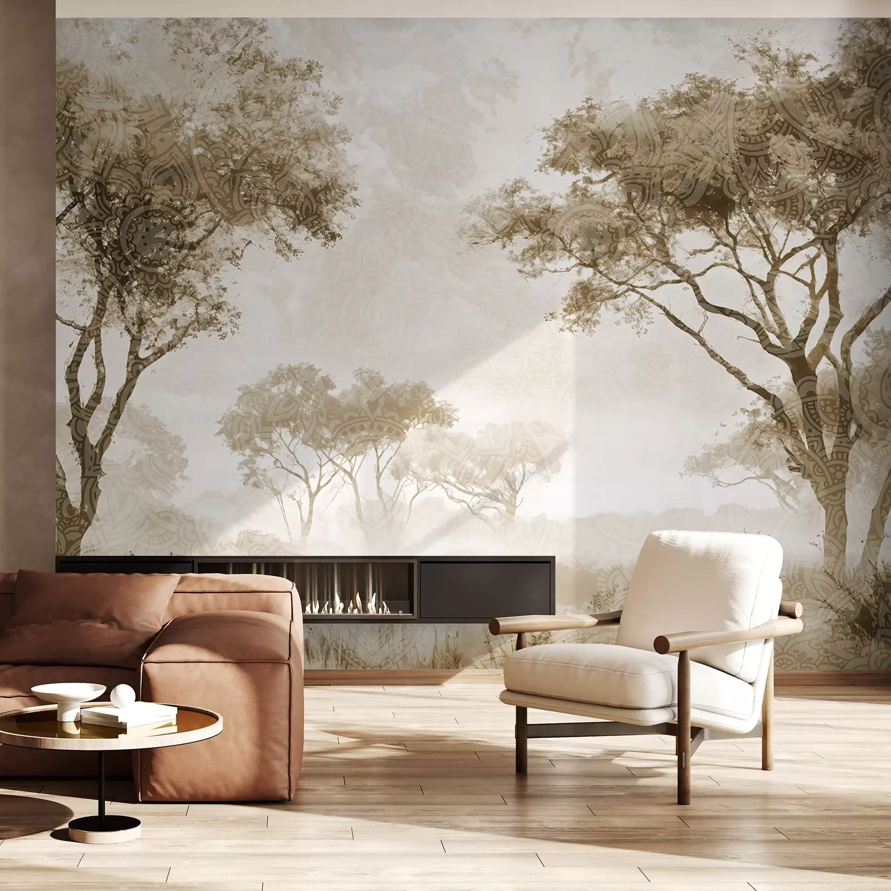 fototapeter Et tåkete, fredfylt landskap med silhuettformede trær i forgrunnen og myk tåke i brune og beige nyanser w08442v2