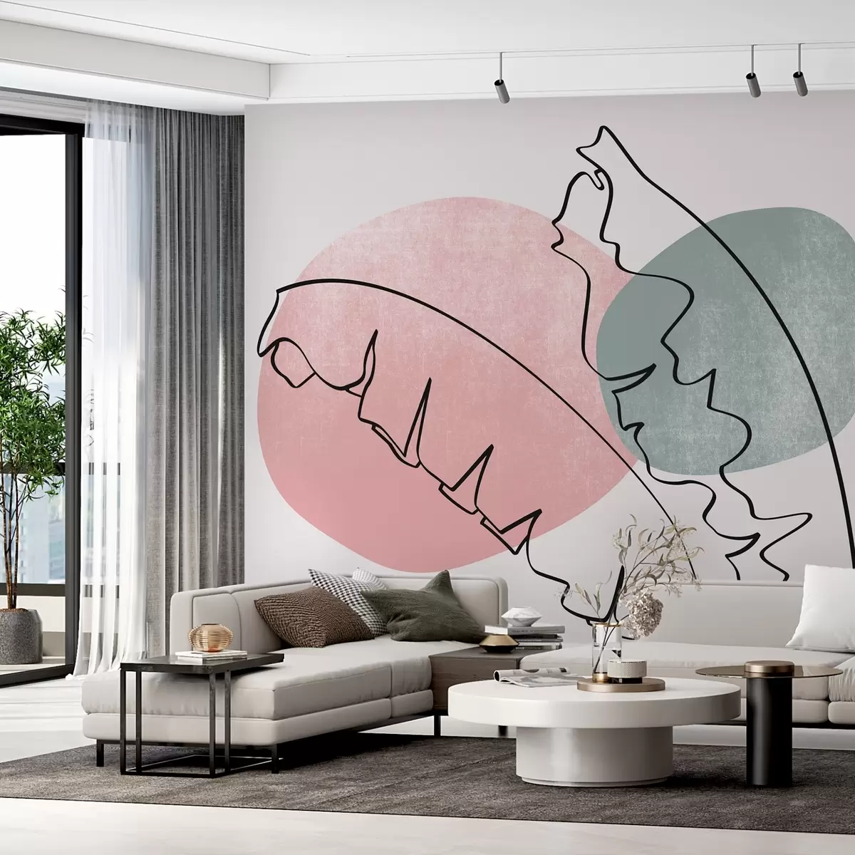 fototapeter Bananpalmblader strektegning på rosa og grønn teksturflekk w02423