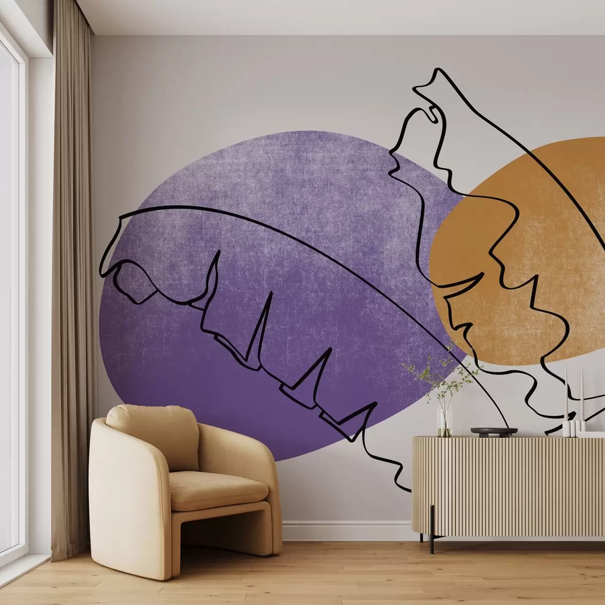 fototapeter Bananpalmblader strektegning på lilla og oransje teksturflekk w02423v1