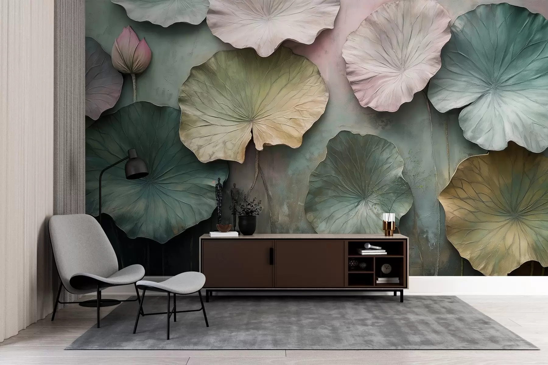 fototapeter lotusblader i pastellstil med volumeffekt w02441