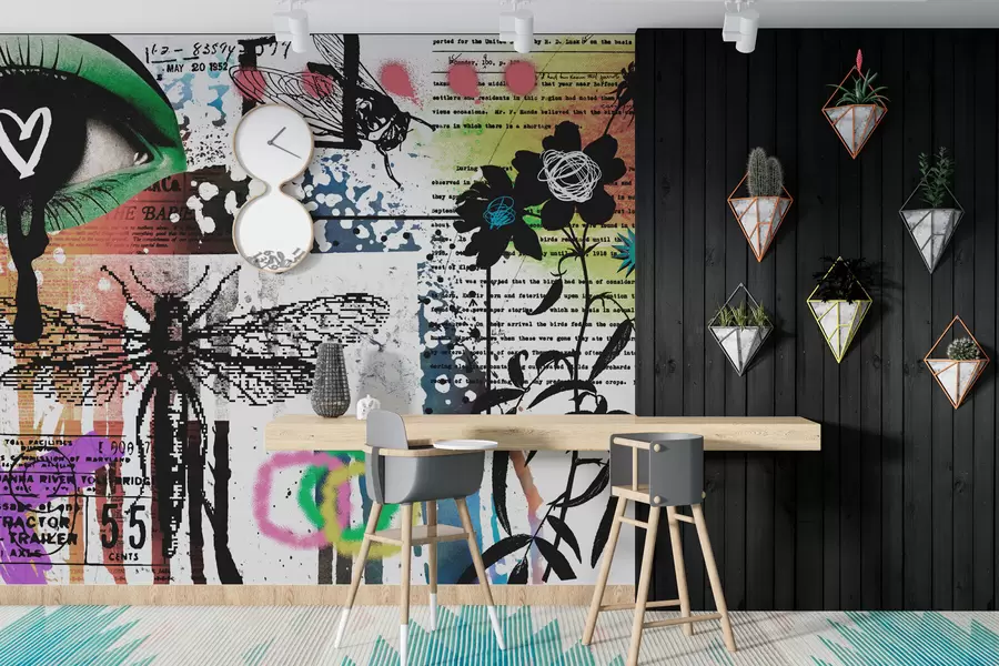 fototapeter Inskripsjoner i graffitistil, blomster, figurer w02255