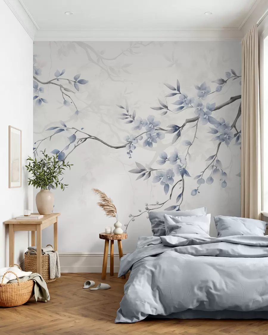 fototapeter Trendy grener med blomster og blader w02449