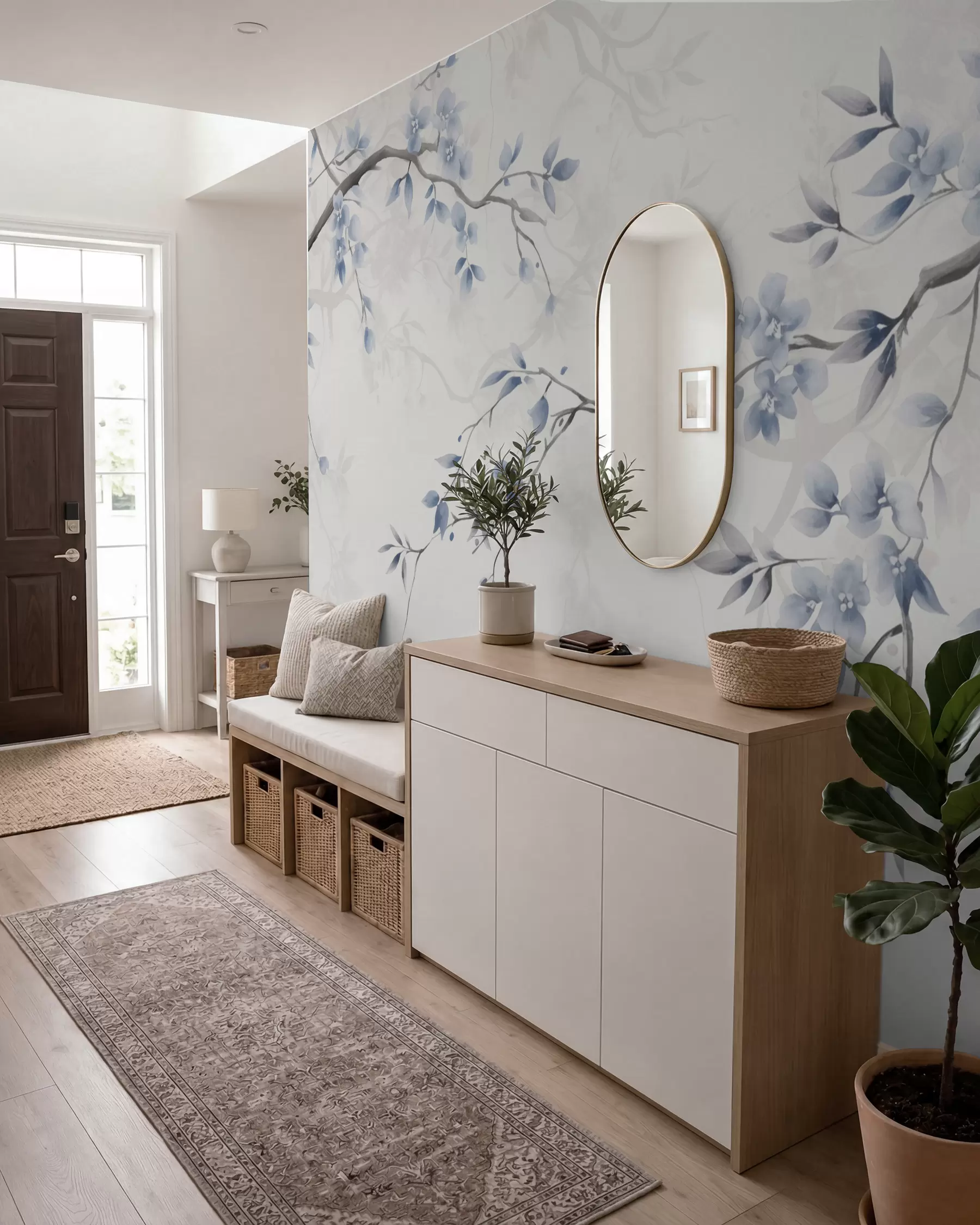 fototapeter Trendy grener med blomster og blader w02449