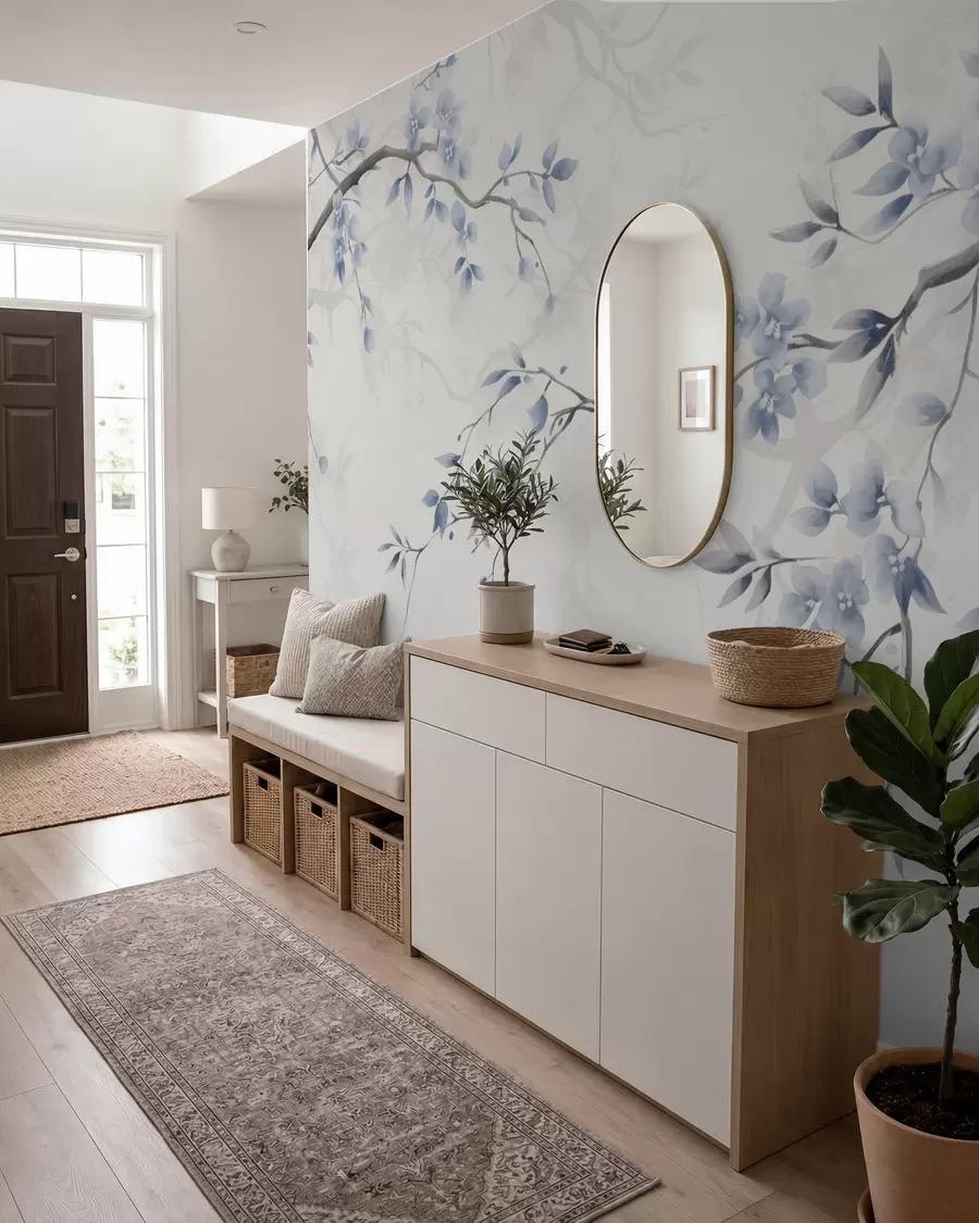fototapeter Trendy grener med blomster og blader w02449