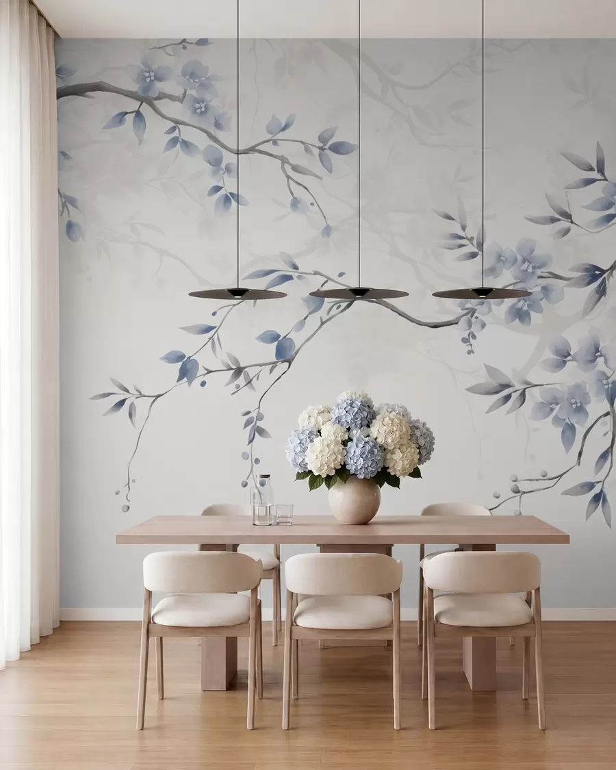 fototapeter Trendy grener med blomster og blader w02449