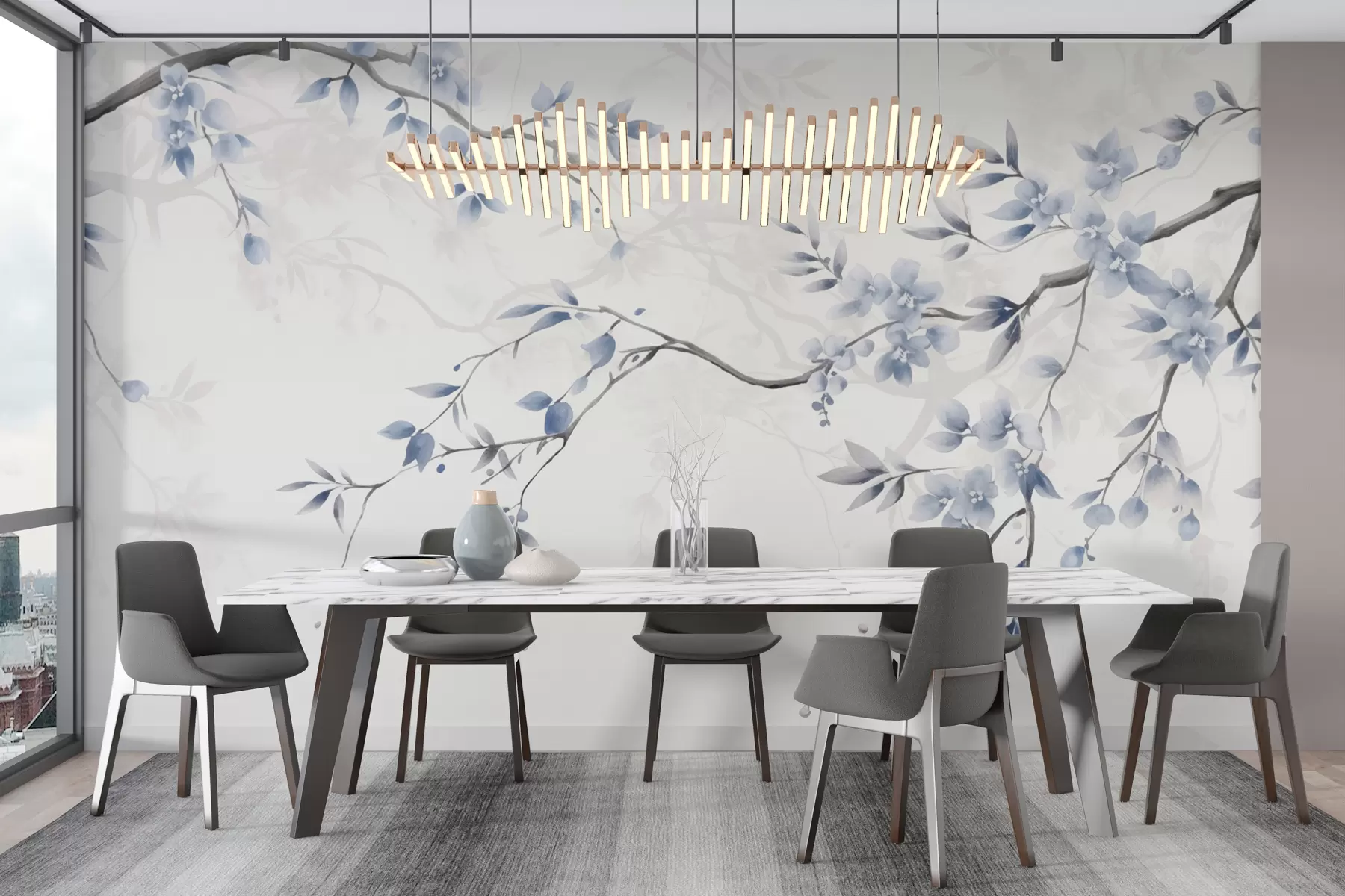 fototapeter Trendy grener med blomster og blader w02449