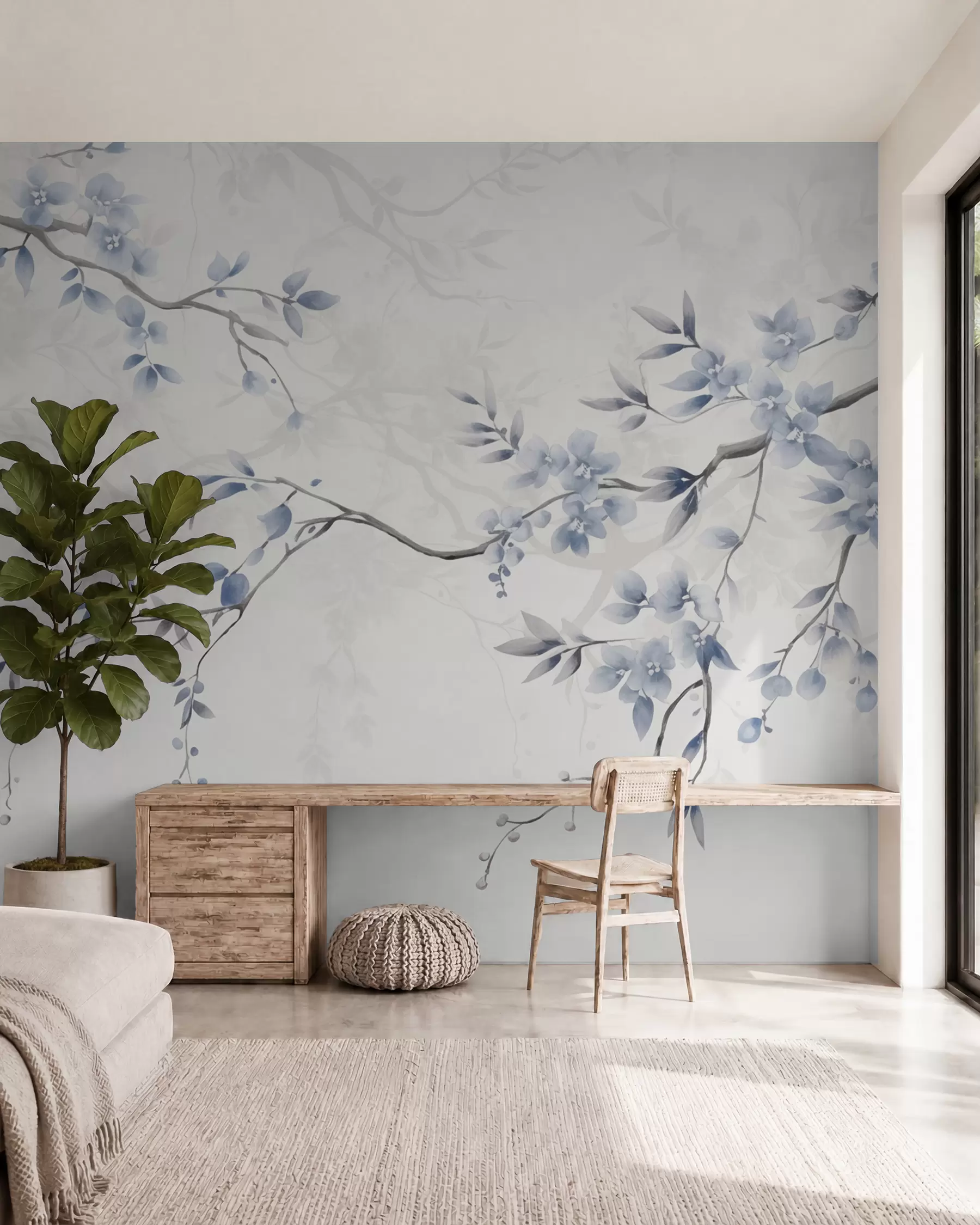 fototapeter Trendy grener med blomster og blader w02449
