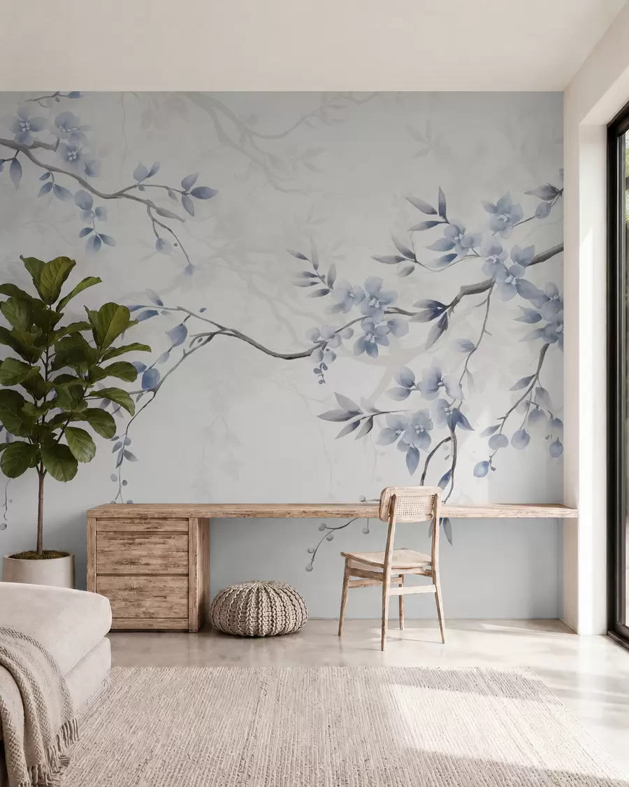 fototapeter Trendy grener med blomster og blader w02449