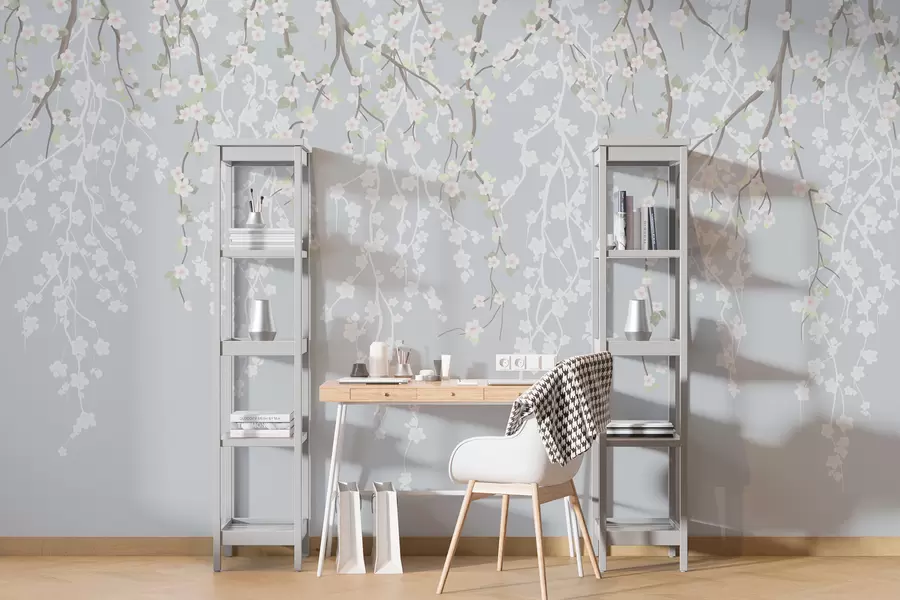 fototapeter Fallende, delikate grener med blomster på blå bakgrunn w02479