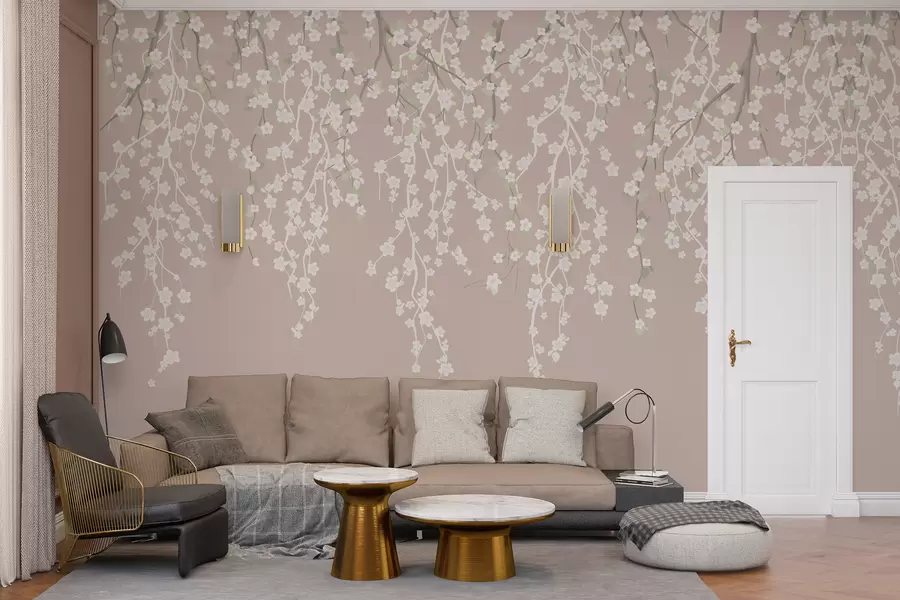 fototapeter Delikate, flytende grener med blomster på en pastellfarget bakgrunn w02479v2