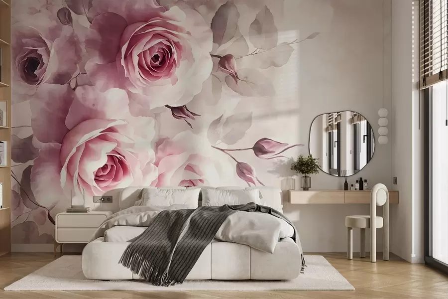 fototapeter Delikate pastellrosa roser og blader med myk, uskarp akvarell-imitasjonsbakgrunn w08459