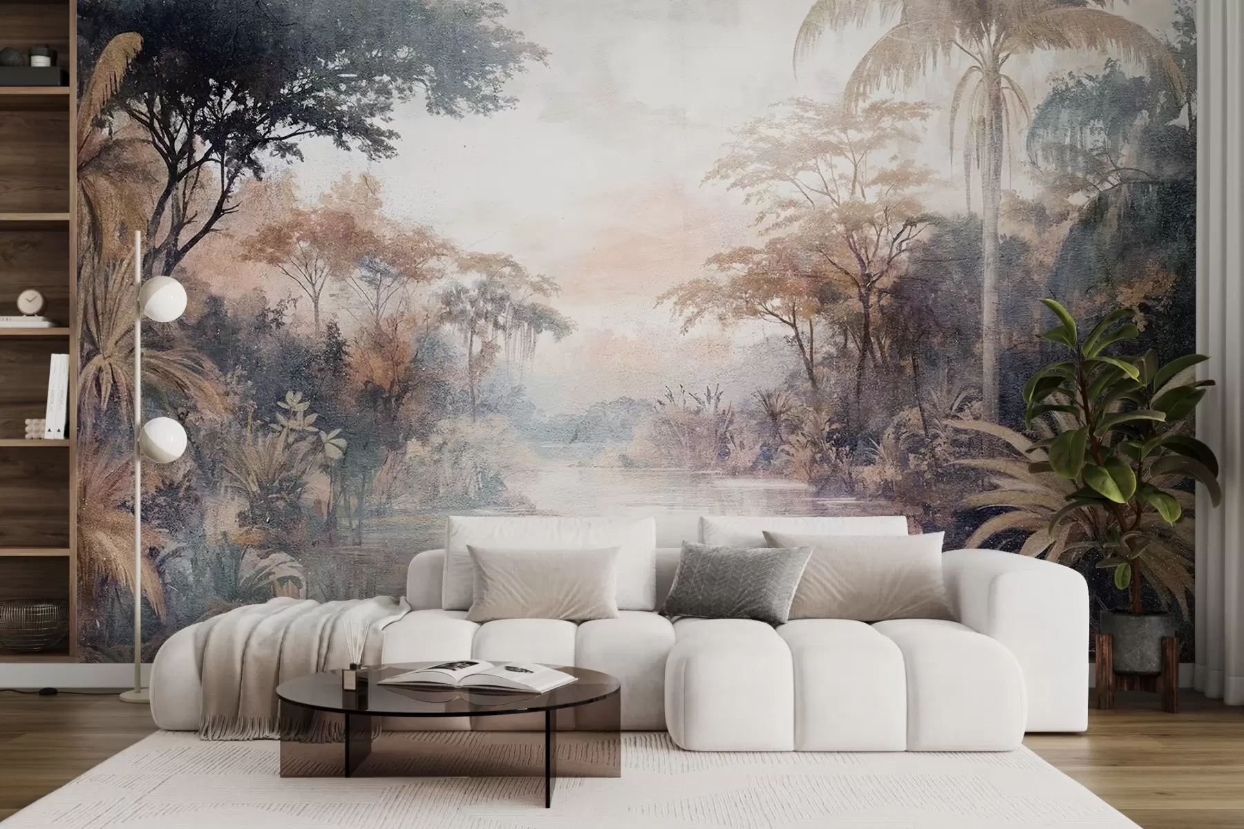 fototapeter Et tropisk landskap med en rolig elv omgitt av frodige palmer, busker og annet løvverk w08460