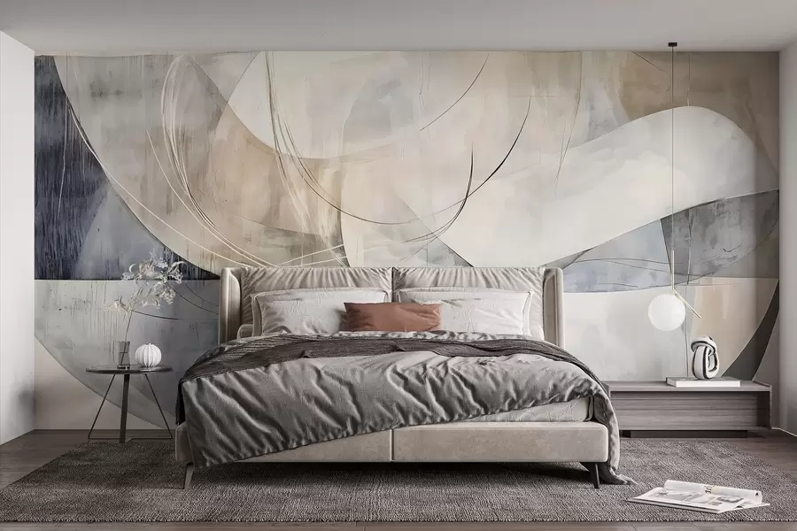 fototapeter Abstrakte former og figurer i nyanser av hvitt, grått, beige og blått mot en uskarp teksturert bakgrunn w08461