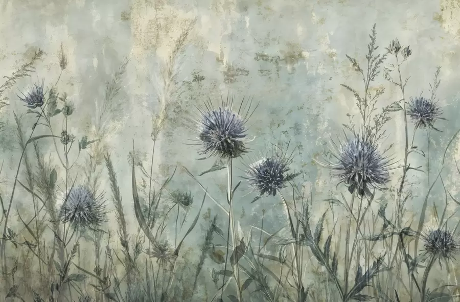 fototapeter Et felt med lilla tistelblomster med uskarpe blomster og løvverk i en vintage-teksturert bakgrunn w08463