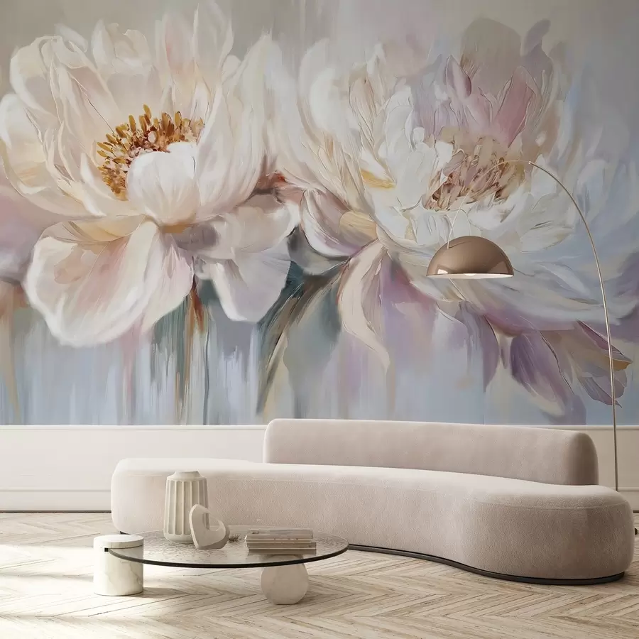 fototapeter Myke, delikate hvite og pastellrosa pioner med frodige kronblader på en uskarp maleriimitert bakgrunn w08466