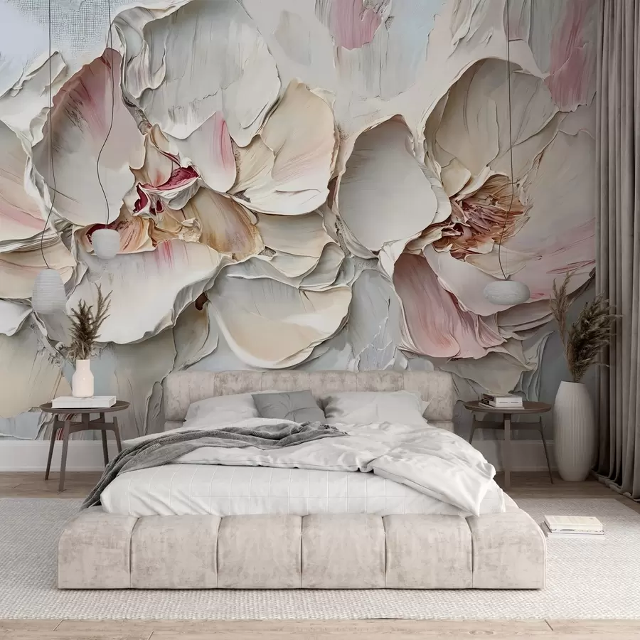 fototapeter Delikate, blekrosa blomster med myke, lagdelte kronblader på en dempet, strukturert bakgrunn med impasto oljemaleriimitasjon w08467