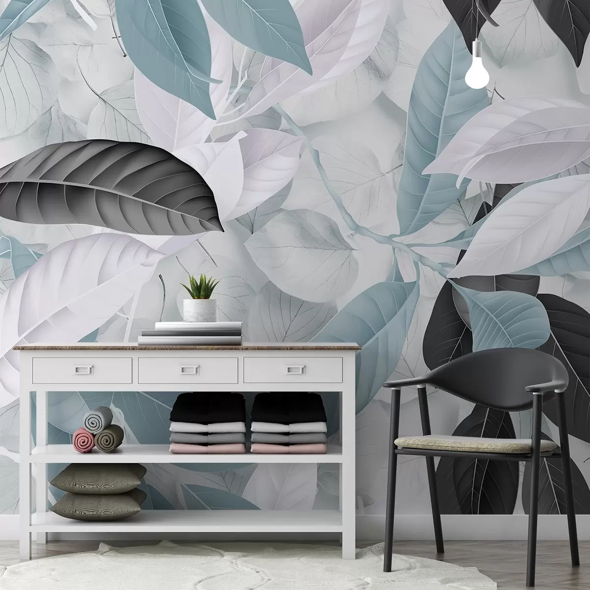 fototapeter Stort trykk av blå og grå blader mot en bakgrunn med lys bladstruktur, noe som skaper en frodig tropisk følelse w08468v1