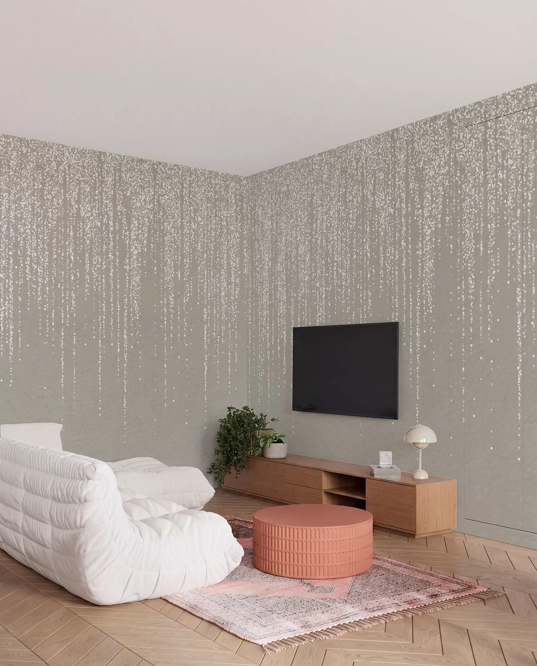fototapeter Et vertikalt, elegant trykk av prikkete kranser på en beige teksturert bakgrunn, noe som skaper en følelse av dybde og bevegelse w08470