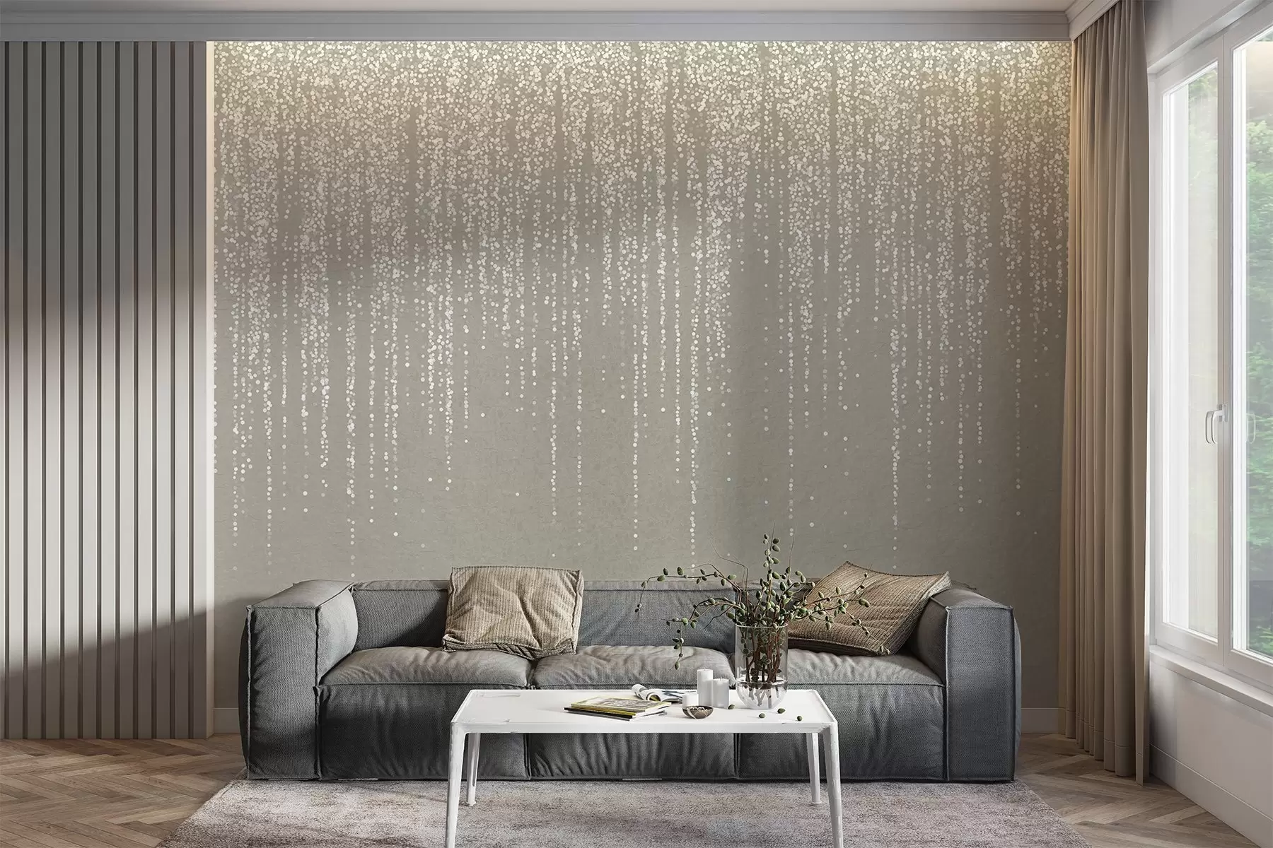 fototapeter Et vertikalt, elegant trykk av prikkete kranser på en beige teksturert bakgrunn, noe som skaper en følelse av dybde og bevegelse w08470