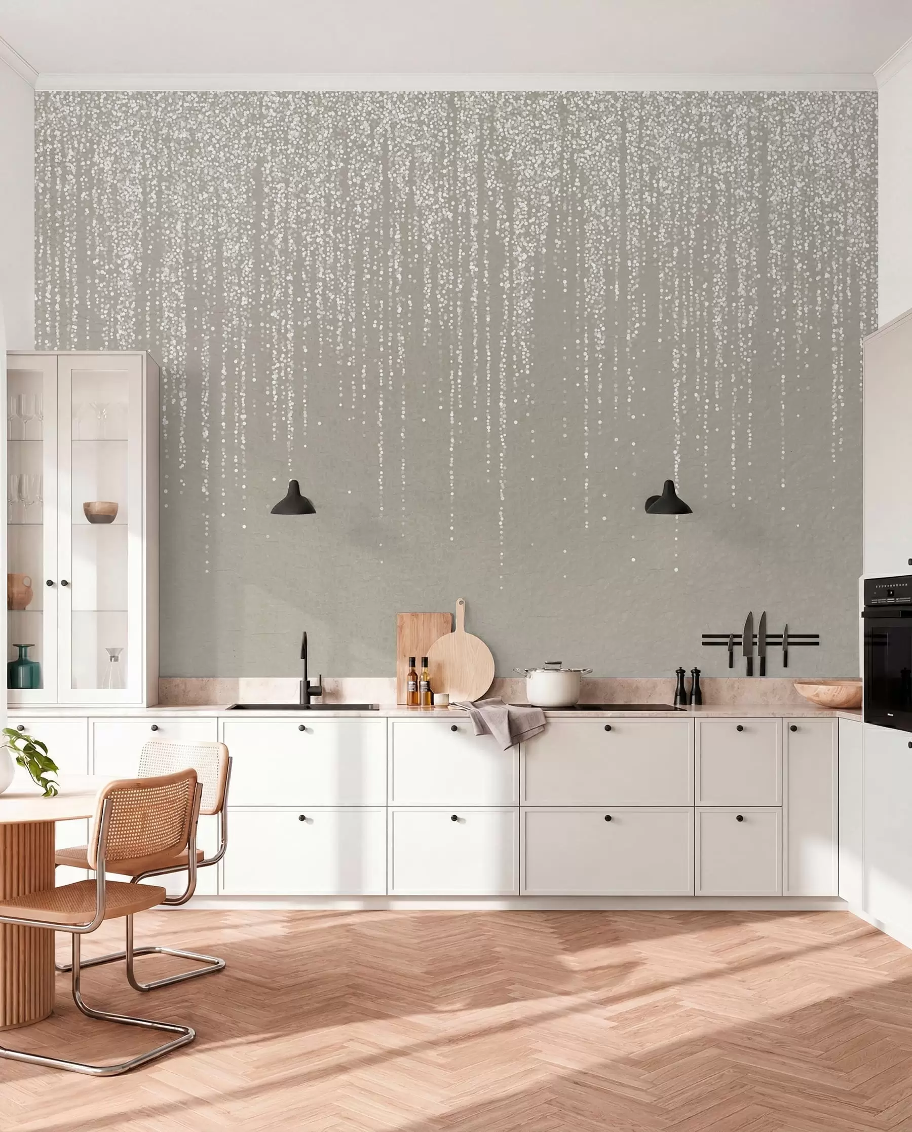 fototapeter Et vertikalt, elegant trykk av prikkete kranser på en beige teksturert bakgrunn, noe som skaper en følelse av dybde og bevegelse w08470