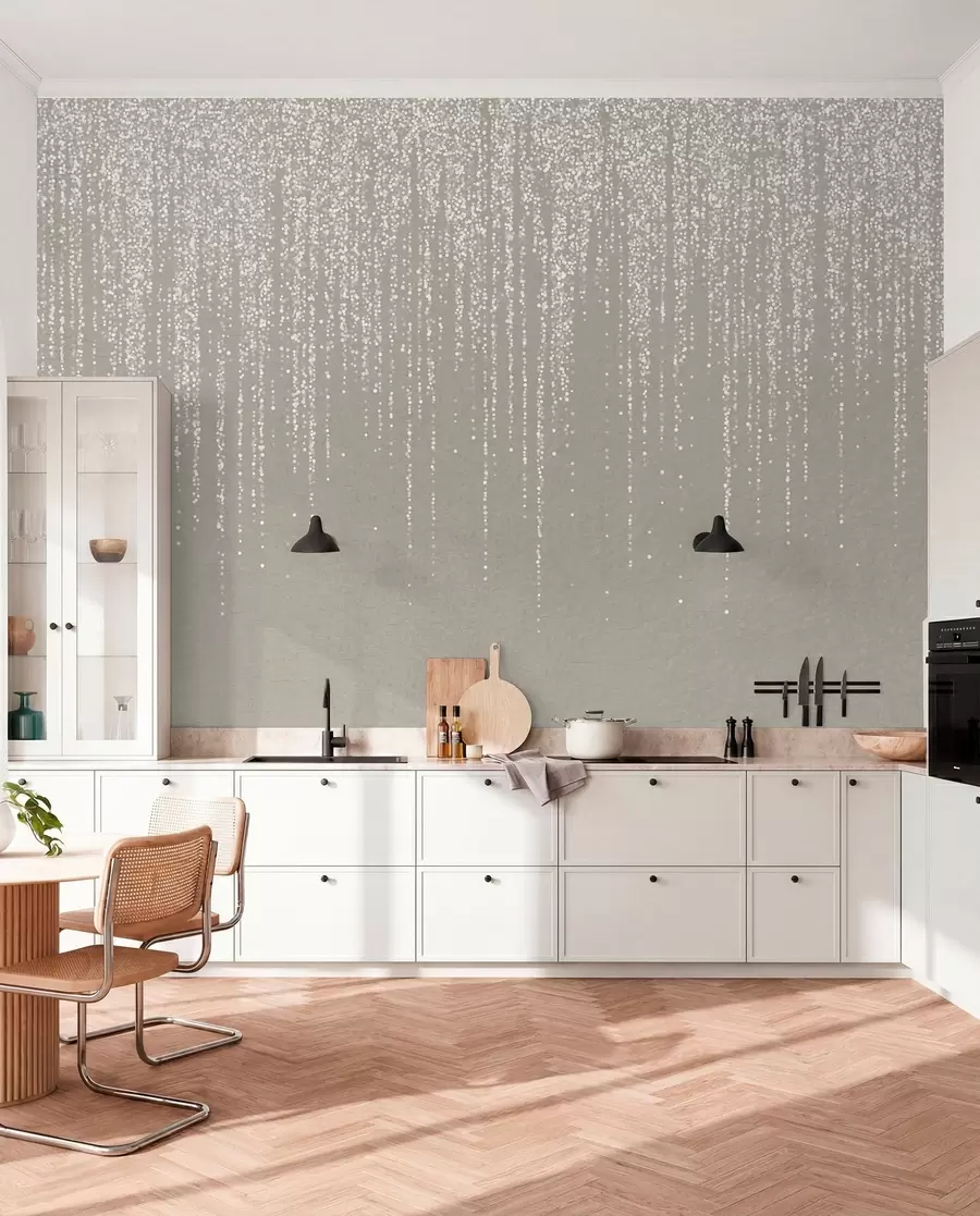 fototapeter Et vertikalt, elegant trykk av prikkete kranser på en beige teksturert bakgrunn, noe som skaper en følelse av dybde og bevegelse w08470