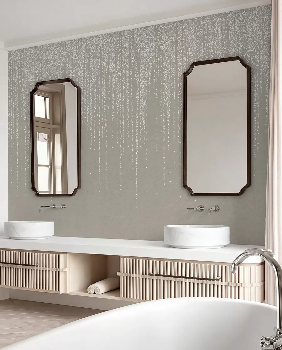 fototapeter Et vertikalt, elegant trykk av prikkete kranser på en beige teksturert bakgrunn, noe som skaper en følelse av dybde og bevegelse w08470