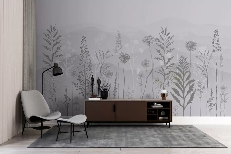 fototapeter tapet i øko-stil, villblomster i gråtoner w02443