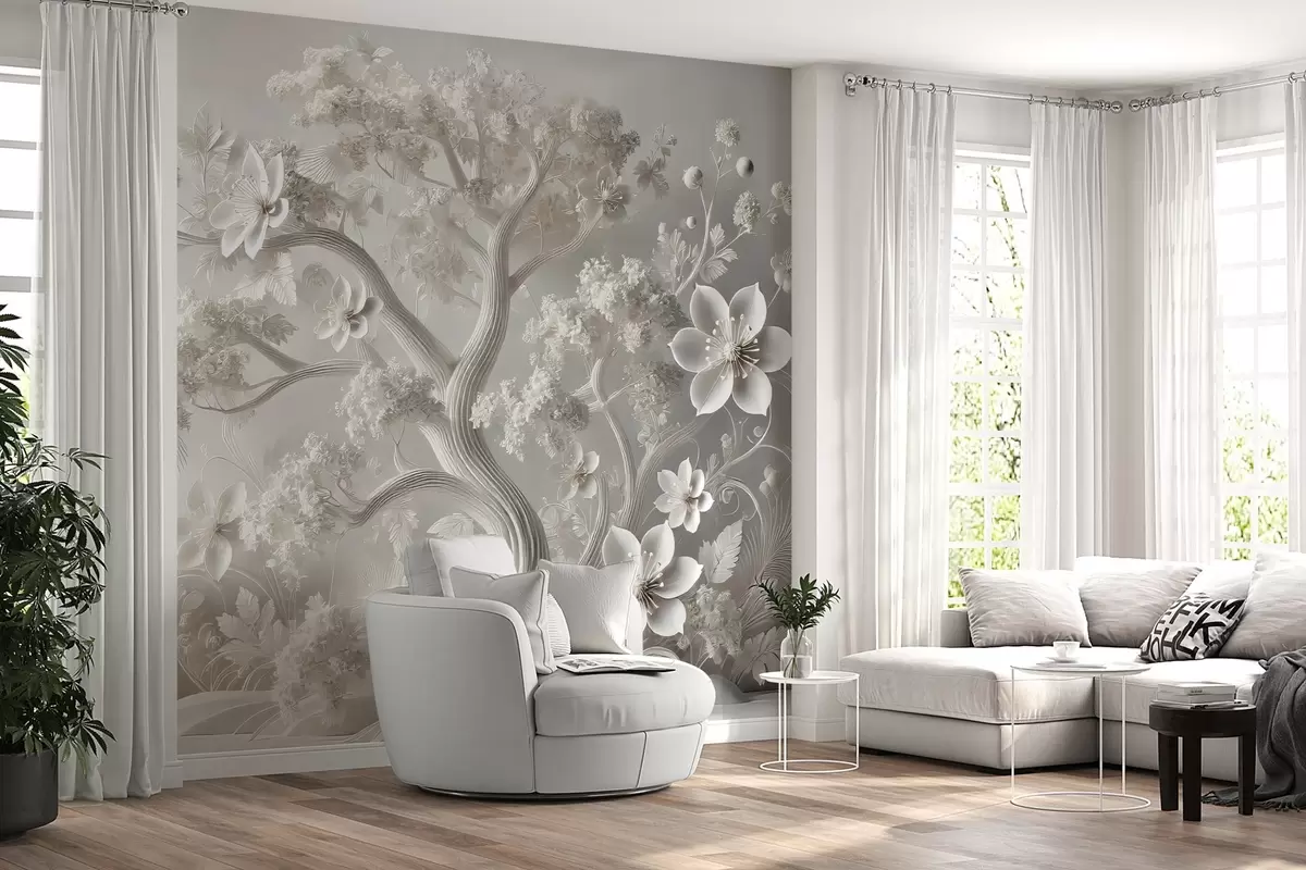 fototapeter fantasi hvitt tre med blomster w02455