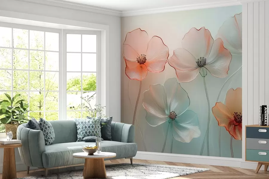 fototapeter valmueblomster i imitert glass i delikate farger w02519