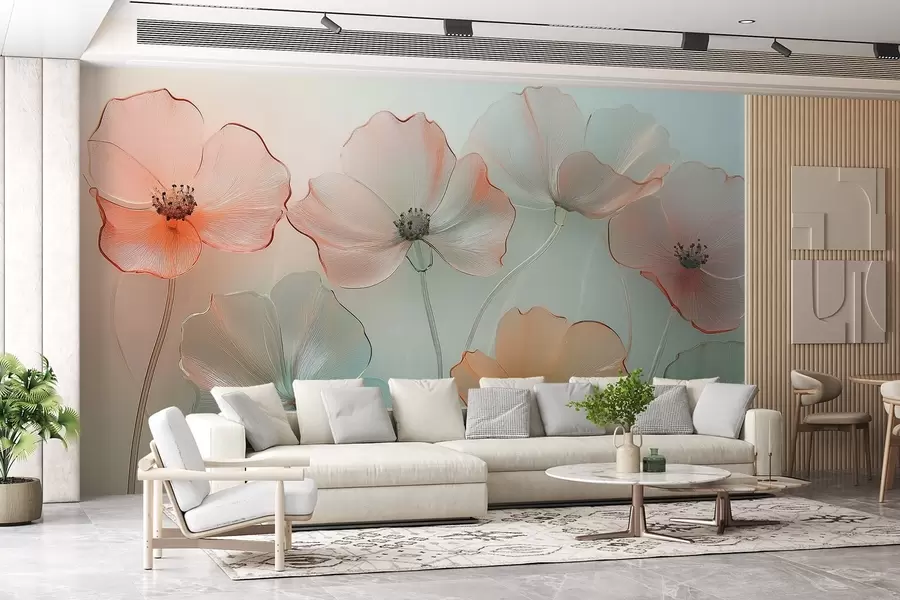 fototapeter valmueblomster i imitert glass i delikate farger w02519