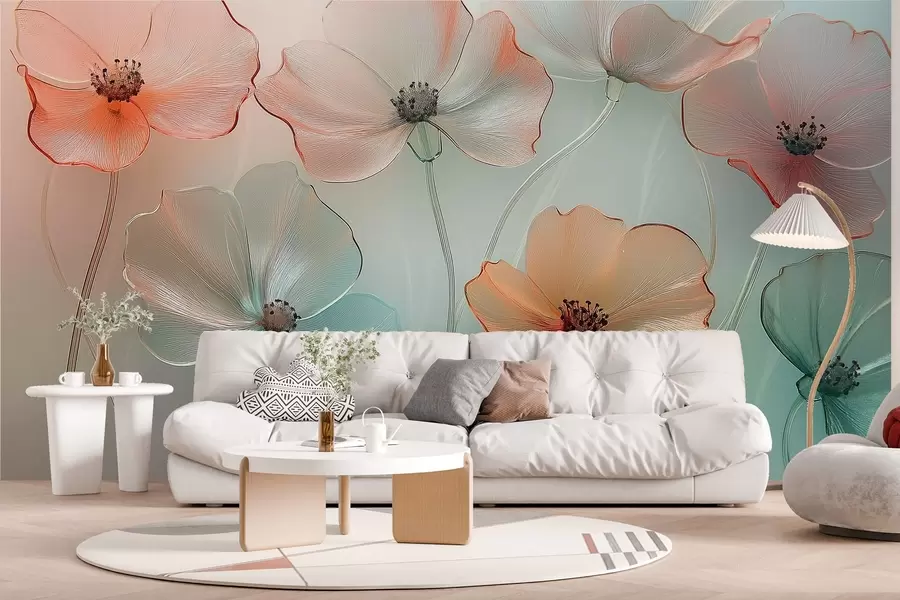 fototapeter valmueblomster i imitert glass i delikate farger w02519