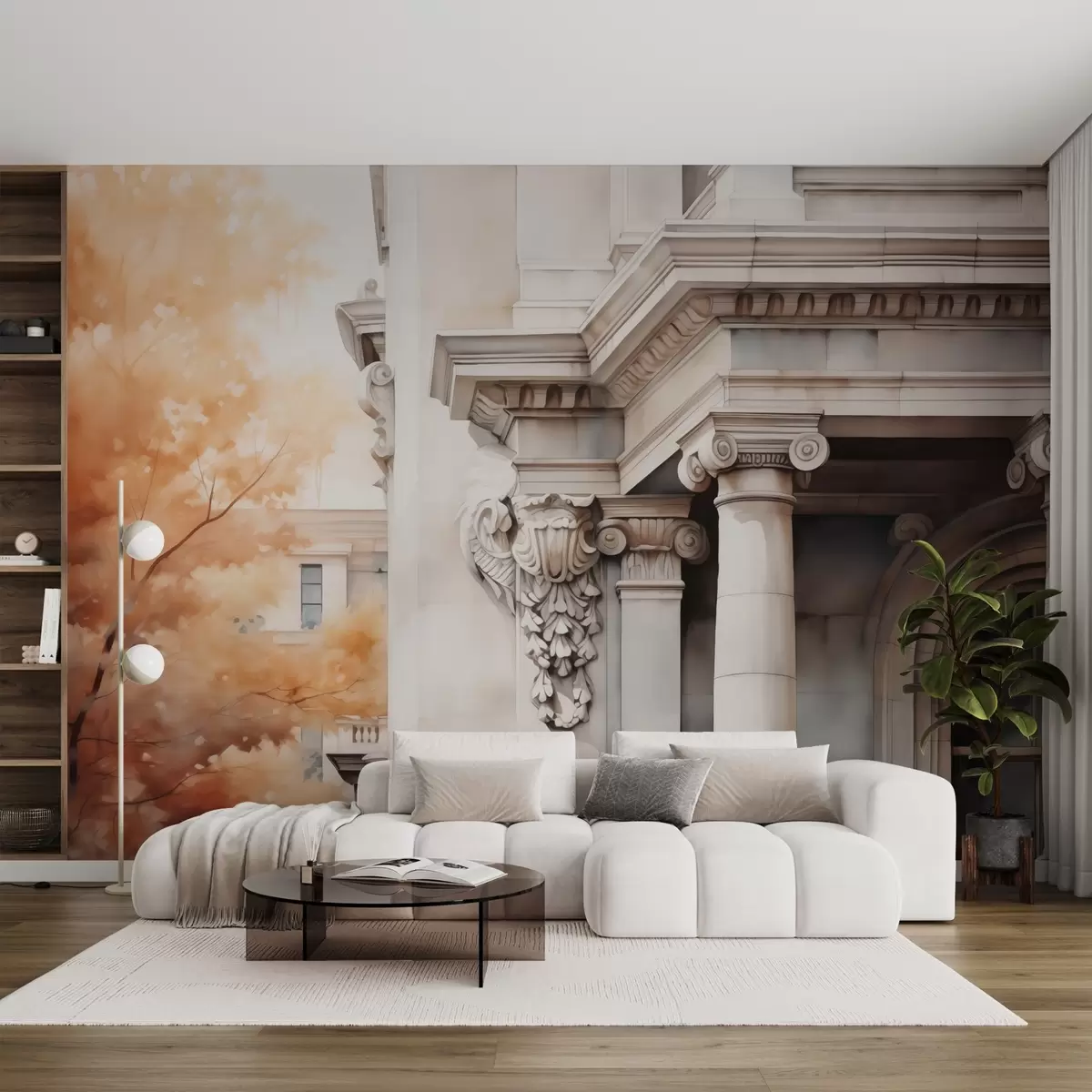 fototapeter Del av et hus med søyler ved siden av et tre imitasjon av akvarell w02495